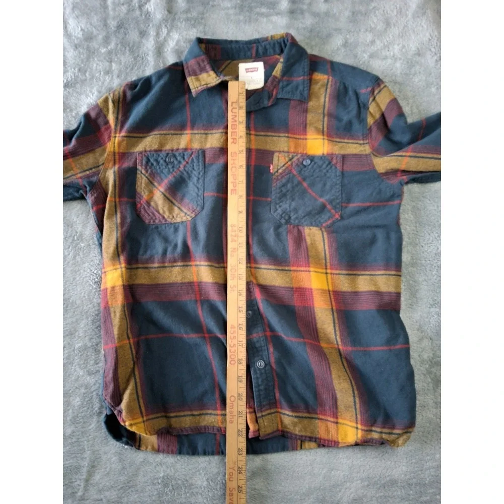 Levis Shirt Mens Medium‎ Red Orane Button Madras Plaid Flannel Long Sleeve